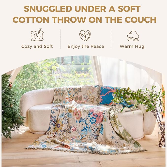 Boho Throw Blanket for Bed Cotton Spring Blankets Twin Size for Bedroom Living Room All Season Lightweight Floral Embroidery Decorative Breathable Quilt for Couch Sofa Chair 60"x80"