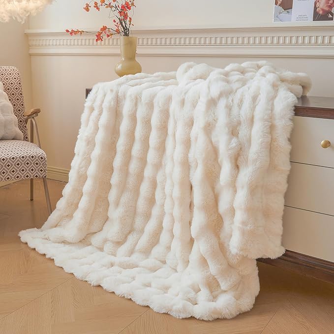 LIFEREVO Luxury Fluffy Faux Rabbit Fur Throw, Plush Fuzzy Bubble Blanket for Couch Sofa, Soft Cute Furry Bed Blanket Home Decoration, Shaggy Ivory Throw for Bedroom Living Room Office, 50x60, Beige