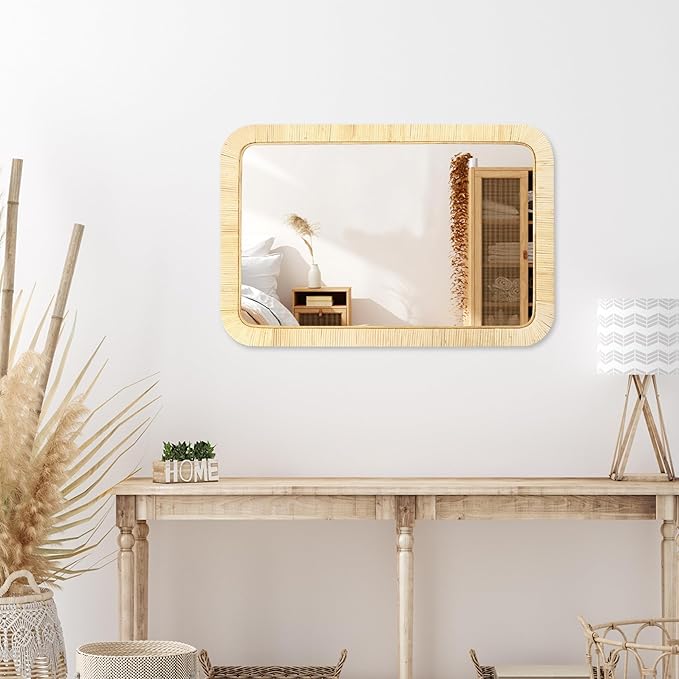 PERFNIQUE Rattan Mirror, 30'' x 20" Rectangle Boho Bathroom Mirror, Decorative Wall Nursery Decor, Rustic Farmhouse Handmade Wicker Mirror for Bathroom Bedroom Entryway Living Room Decor