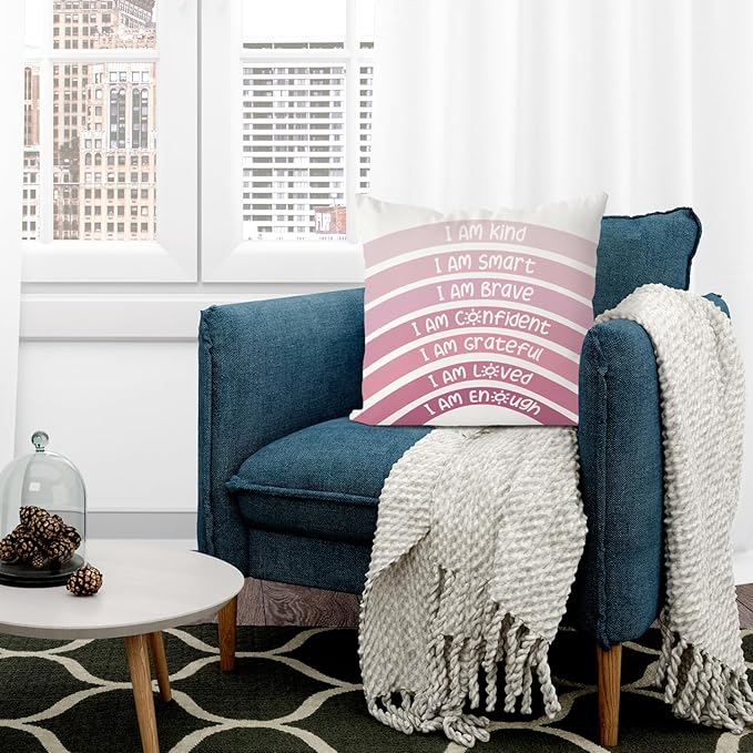 QIYUHOY Boho Rainbow Classroom Throw Pillow Covers, Book Center Calming Corner Playroom Decor Pillow Case, Pink Pillow Cover, I Am Kind Smart Brave Confidence 24x24 Inch Pillowcase(Pink)