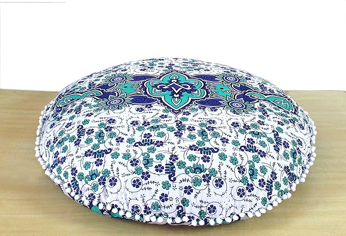 ICC 32 Inch Floor Pillows & Cushions Covers Decorative Hippie Mandala Pouf Pillow Covers Bohemian Seating Meditation Cushion Cover Large Boho Ottoman Case Pillowcase for Couch White Blue