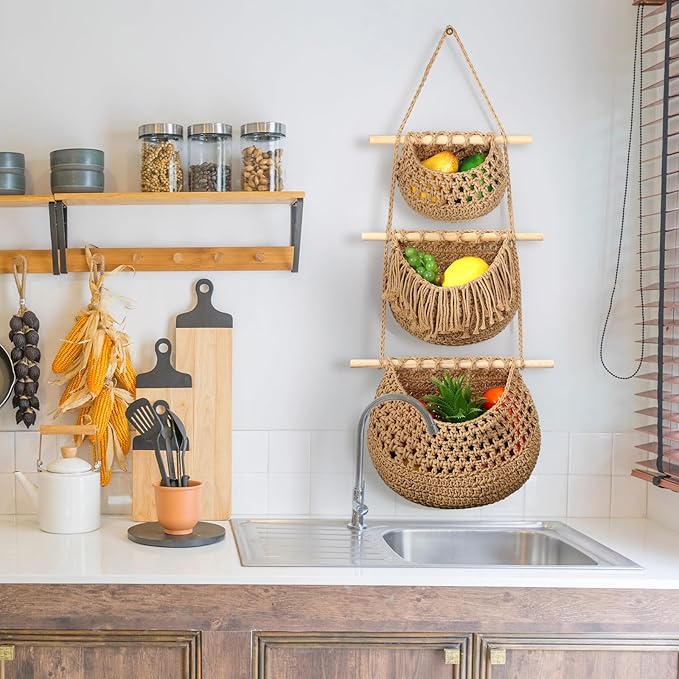 Windyun 4 Pcs Hanging Fruit Basket Teardrop Baskets Handmade Woven Cotton Rope 3 Tier over the Door Organizer Hanging Boho Wall Decor for Storage Kitchen(Brown)