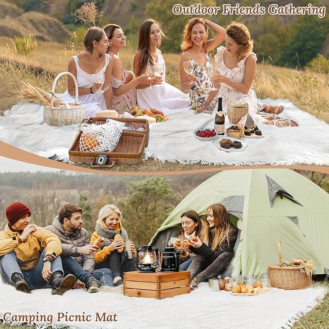 91 x 71 Extra Large White Outdoor Picnic Blanket, Woven Cotton Yarn Oversize Portable Blanket with Fringe for Camping, Lawn or Wedding Photoshoot. Indoor Bohemia Decorations, Machine Washable
