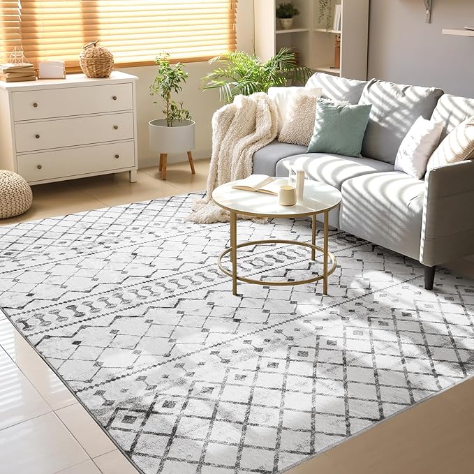 Lessymo Washable Area Rugs 6x9 for Bedroom Living Room Kitchen, Ultra-Soft Faux Wool Geometric Area Rug with Non-Slip Rubber, Kid & Pet Friendly, Geometric Grey