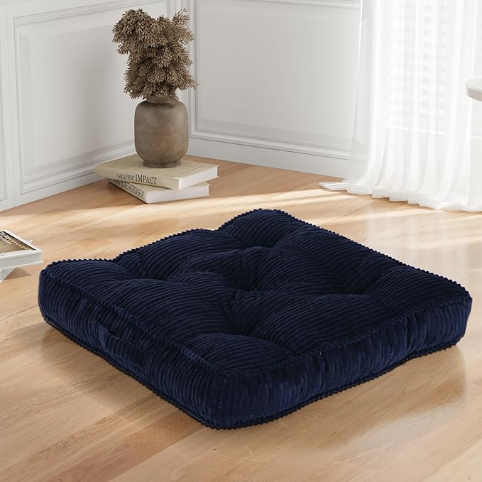 Square Floor Pillow for Adults, Tufted Floor Cushion for Sitting, Large Meditation Cushion, Thick Corduroy Seat with Handle, Tatami Seating for Yoga, 22x22 Inch Navy Blue, 1Pack