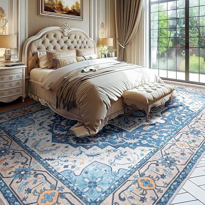 Lessymo 5x7 Area Rugs- Machine Washable Area Rugs, Super Soft Faux-Wool Area Rug for Living Room Bedroom, Boho Area Rug Vintage Floral Medallion Non-Slip Low Pile, Kid & Pet Friendly, Blue Brown