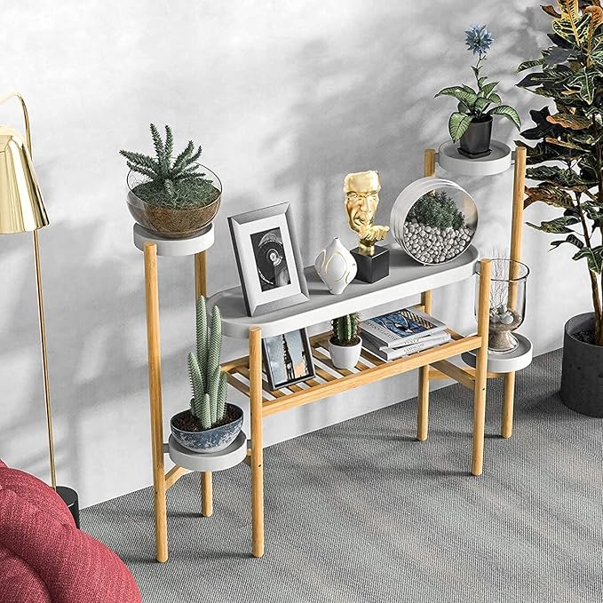 Wisuce Bamboo Plant Shelf Indoor, 3 Tier Tall Corner Plant Shelves Holder & Plant Display Rack for Outdoor Garden Indoor Home