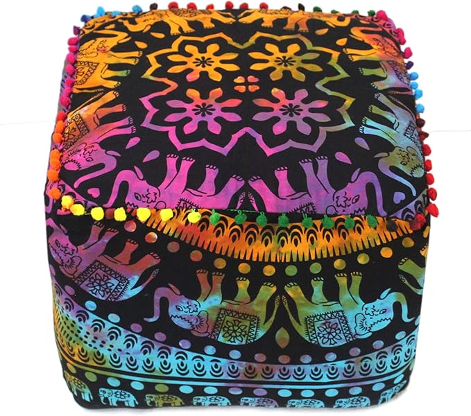 CRAFT KALA Square Mandala Floor Pillow Cushion Cover Seating Throw Cover Hippie Decorative Bohemian Ottoman Poufs Cover Pillow Cases Cotton Living Room Home Décor 20X20X14 inch, Multi U.p Elephant