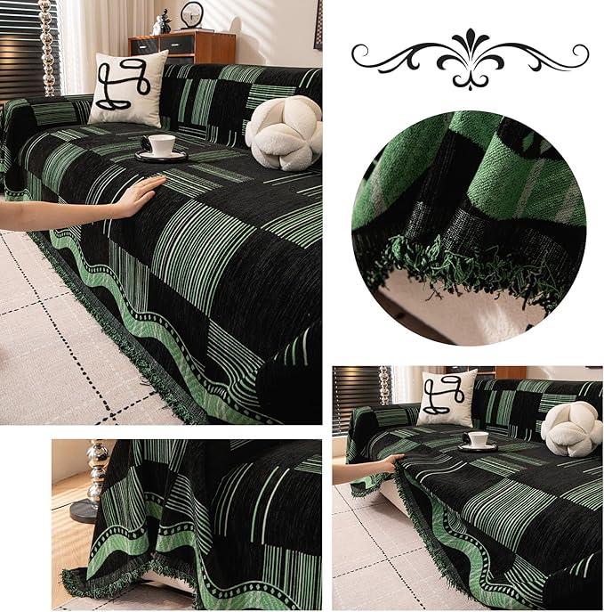 ROOMLIFE Ink Green Sofa Cover, Vintage Boho Couch Cover for 3 Cushion Sofa, Non Slip Chenille Sofa Slipcovers for Dog, Washable Furniture Sofa Protector Cover with Tassel for Living Room, 71''X150”