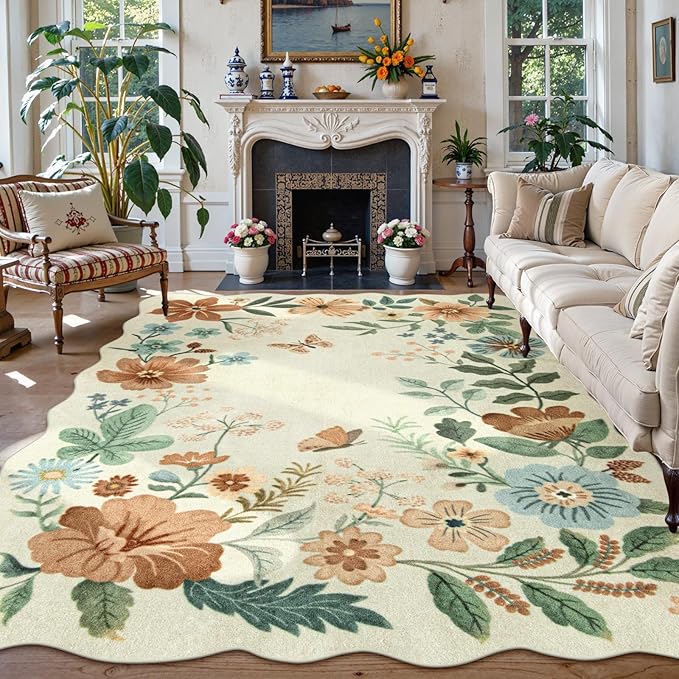Lahome Floral 9x12 Area Rugs for Living Room Bedroom, Soft Washable Rugs 9x12 Stain Resistant, Ultra-Thin Non-Slip Boho Dining Room Rug Accent Carpet for Office Flore (9x12ft,Beige)