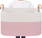 Goodpick Large Woven Blanket Basket 21.6" x 14.9" x 11.8" Storage Baskets for Organizing, Baby Laundry Hamper for Nursery Bedroom, Soft Toy Storage Baskets for Kids Girls, White & Pink