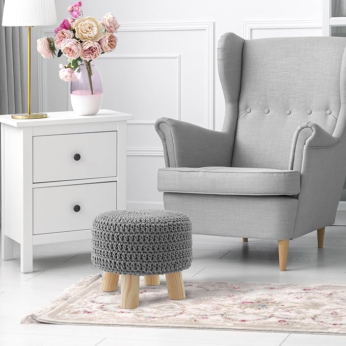 Casafield Pouf Ottoman Footstool, 13" Round x 11" High, Hand-Knitted Cotton Footrest, Non-Skid Wood Legs, Boho Foot Stool for Living Room, Bedroom (Light Gray)