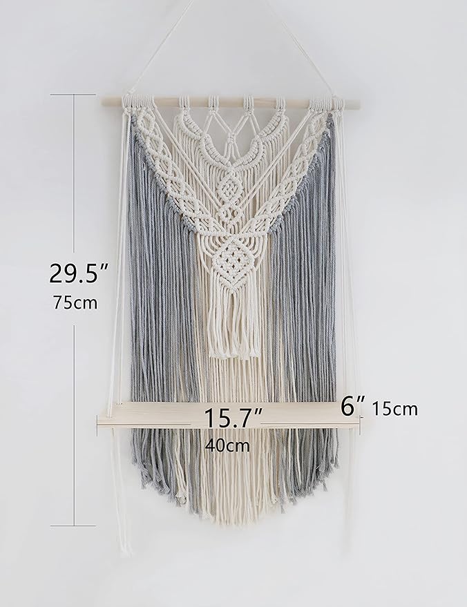 Macrame Wall Hanging Shelf Grey Floating Shelves Rope Shelf for Hanging Plants Grey Boho Decor for Bedroom Living Room,1 Tier