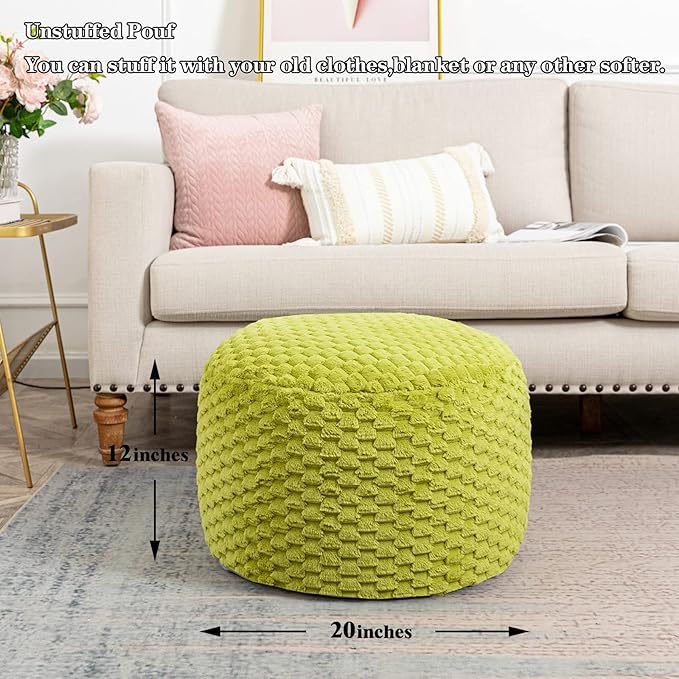 Asuprui Fur Ottoman Stool Unstuffed Footstool Cover Floor Pouf Foot Rest 20x20x12 Inches Round Poof Seat Floor Bean Bag Chair Foldable Floor Chair Storage for Living Room Bedroom Green Pouf Cover