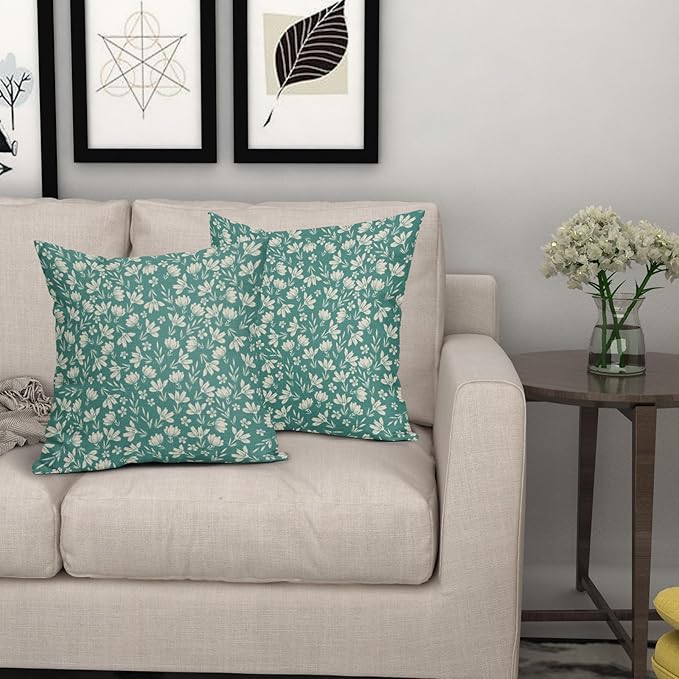 Aqua Pillow Covers 16x16 Set of 2 Vintage Floral Rustic Old Style Cute Flower Print Decorative Outdoor Pillowcases Seasonal Farmhouse Throw Cushion Case Decor for Couch Sofa Bed