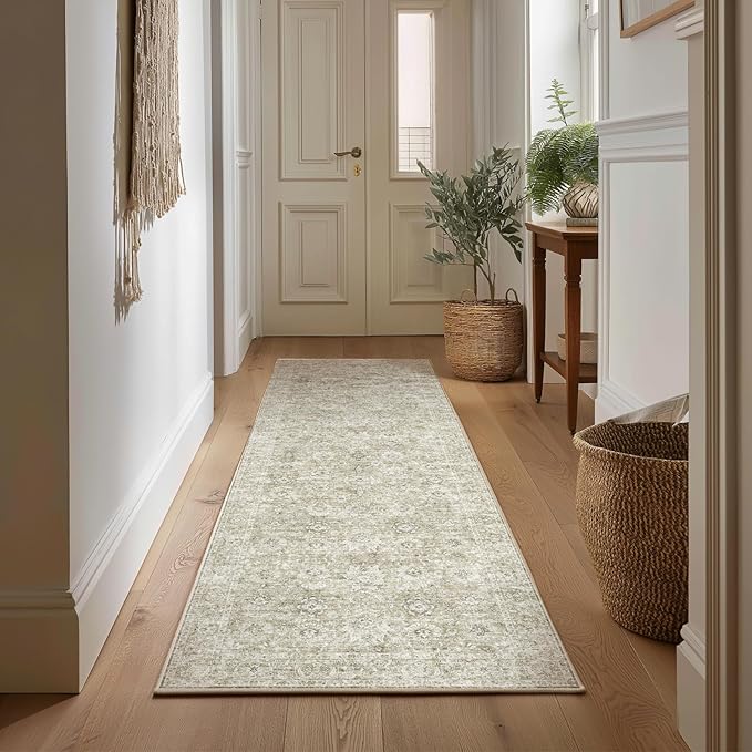 2'x6' Washable Runner Rug Utral Soft Lightweight Vintage Boho Distressed Non-Slip Backing,Low Pile Stain Resistant Farmhouse Rug for High-Traffic Hallway, Kitchen & Laundry