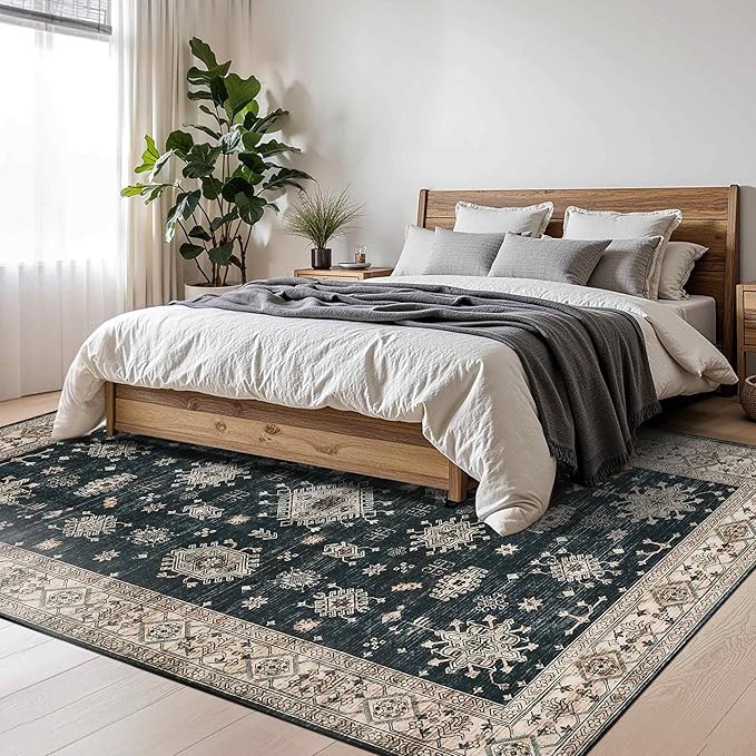 6x9 Area Rugs for Living Room Bedroom, Large Washable Rug, Black Vintage Floral Boho Rug, Non Slip & Low Pile Faux Wool Thin Carpet for Indoor Dining Room, Dorm and Kids Room(Black 6x9ft)