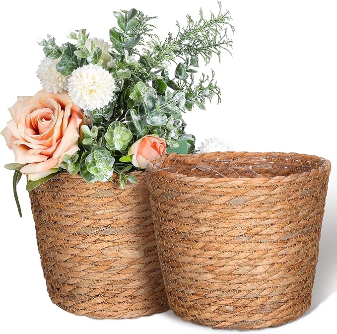 Veemoon 2pcs Wicker Planter Basket, Rustic Straw Woven Flower Basket Arrangement Flower for Plants Laundry Bin Storage Woven Plant Pot Hanging Seaweed Girl Toddler Hanging Seaweed 5. 11x5. 11x3. 54in