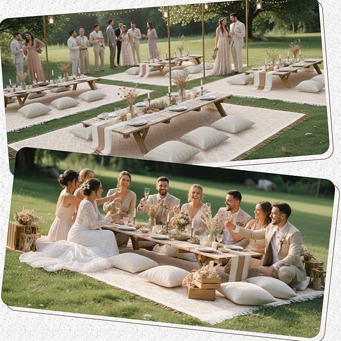 Extra Large Outdoor Boho Picnic Blanket 150'' X 71'' Beige White Table Runner 6 Throw Pillow Cover Woven Cotton Yarn Oversize Beach Blanket Washable for Picnic Camp Wedding
