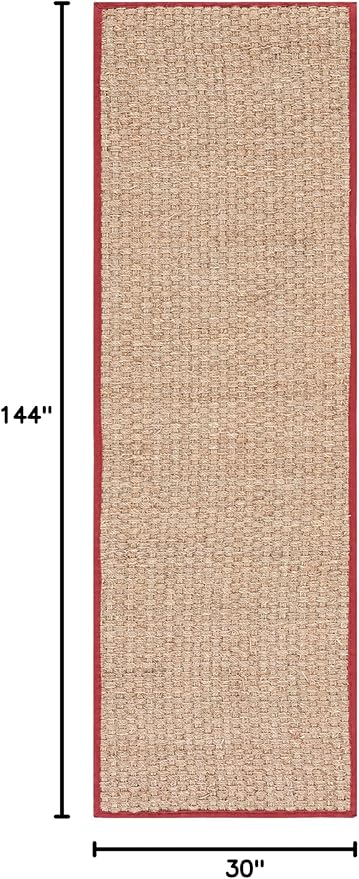 SAFAVIEH Natural Fiber Collection Runner Rug - 2'6" x 12', Natural & Red, Seagrass, Basketweave Pattern with Border (NF114D)