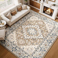Lessymo Area Rugs 10 x 14 for Living Room, Machine Washable Area Rugs Boho Faux Wool Low Pile Area Rug for Bedroom, Floral Medallion Vintage Rugs with Non-Slip Rubber, Kid & Pet Friendly,Brown Beige