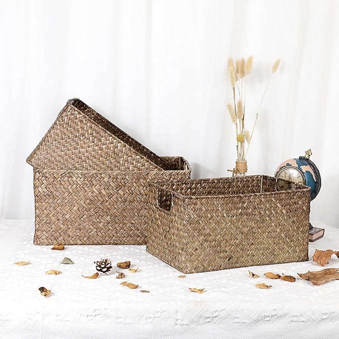 Hipiwe Seagrass Storage Opened Baskets Bin for Shelf Organizing Handwoven Wicker Baskets Rectangular Decorative Basket Closet Bedroom Organizer Bin Box Multipurpose Storage Basket with Handle