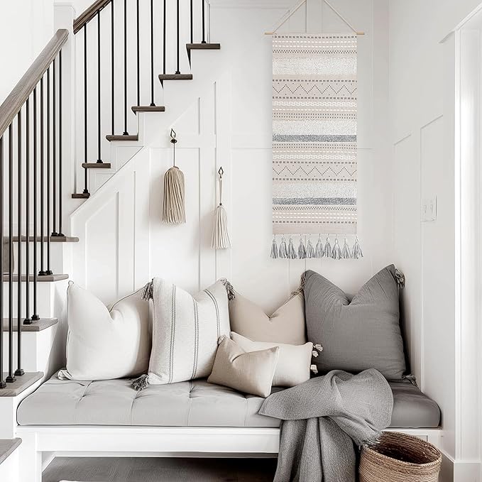 BlissBlush Long Vertical Wall Hanging Tapestry Woven Boho Farmhouse Decor Gray Cream Tassel Handmade Wall Art Decoration for Bedroom Living Room Dorm Nursery Apartment, 16x39 INCH