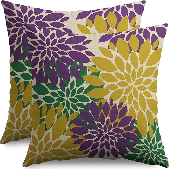 Mardi Gras Pillow Covers 20X20 Inch Set of 2, Purple Yellow Green Flower Holiday Dahlia Floral Print Decorative Throw Pillow Covers Outdoor Farmhouse Cushion Case for Couch Sofa Bed Decor