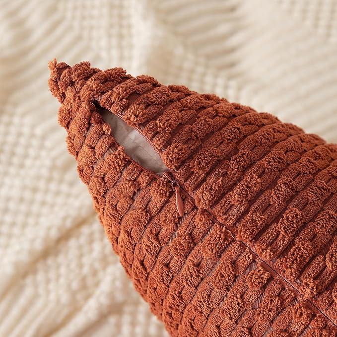 Kevin Textile Fall 12x20 Inch Pillow Cover 1 Pack Boho Decorative Soft Striped Corduroy Lumbar Farmhouse Solid Color Accent Rectangle Cushion Case for Living Room Couch Sofa Bed, Rust