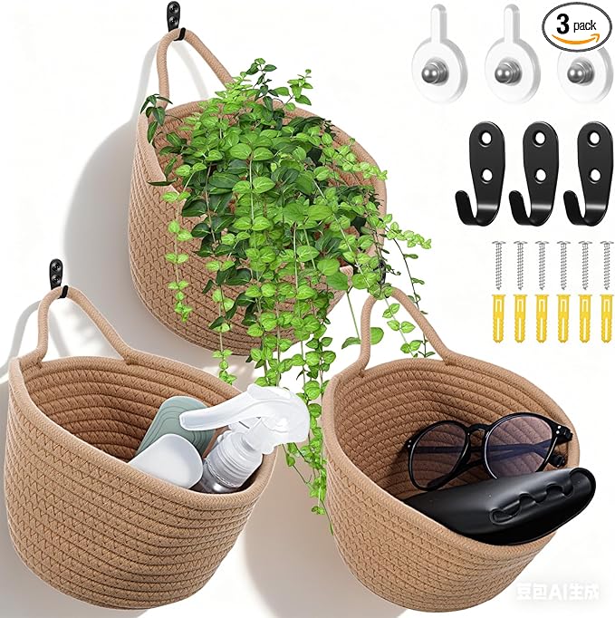 3 Pack Fabric Wall Hanging Baskets Small Woven Hanging Basket with Handle and Hooks Boho Style Cotton Rope Flower Plants Baskets Decor for Living Room,Bedroom,Bathroom, 5.12 ×6.3", Linen