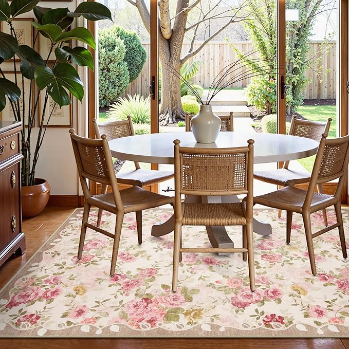 Lahome Vintage Floral 8x10 Area Rugs,Soft Living Room Rugs Boho Large Area Rug Machine Washable, Low Pile Pink Rugs for Bedroom Girls Carpet for Nursery Rug Playroom Dining Room Nina(8'X10',Beige)