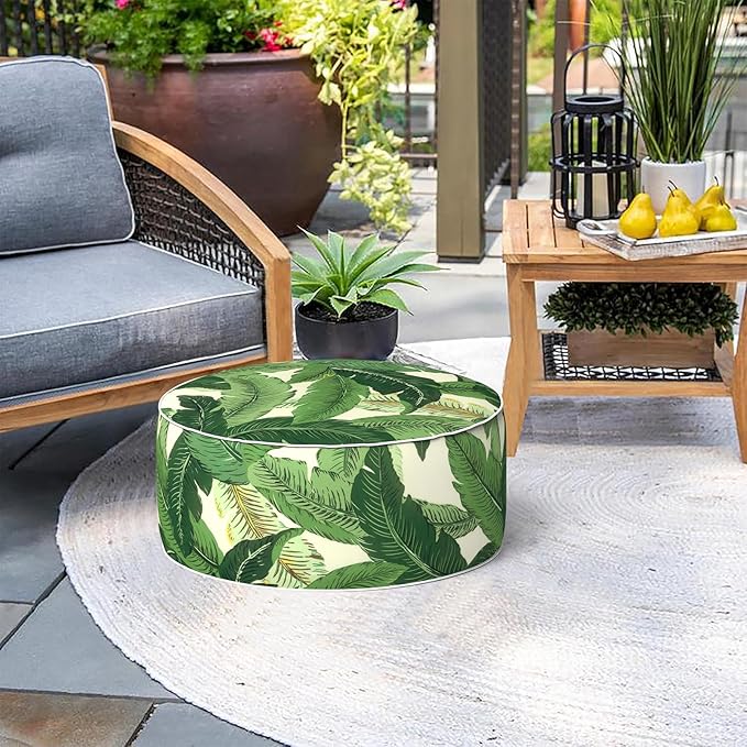 Indoor/Outdoor Inflatable Ottoman D21 x H9 inch, Round Footstool Inflatable Foot Rest Ottoman with Handle, Portable Ottomans Pouf for Patio, Garden, Camping, Home, Swaying Palms Green