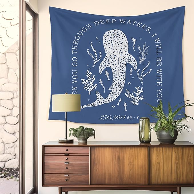 HUGANE Whale Shark Christian Tapestry, Isaiah 43:2 Bible Verse Tapestry Wall Hanging, Religious Bible Scripture Wall Blanket Backdrop Decor for Home Bedroom Living Room, 50x60 Inch,Color-C