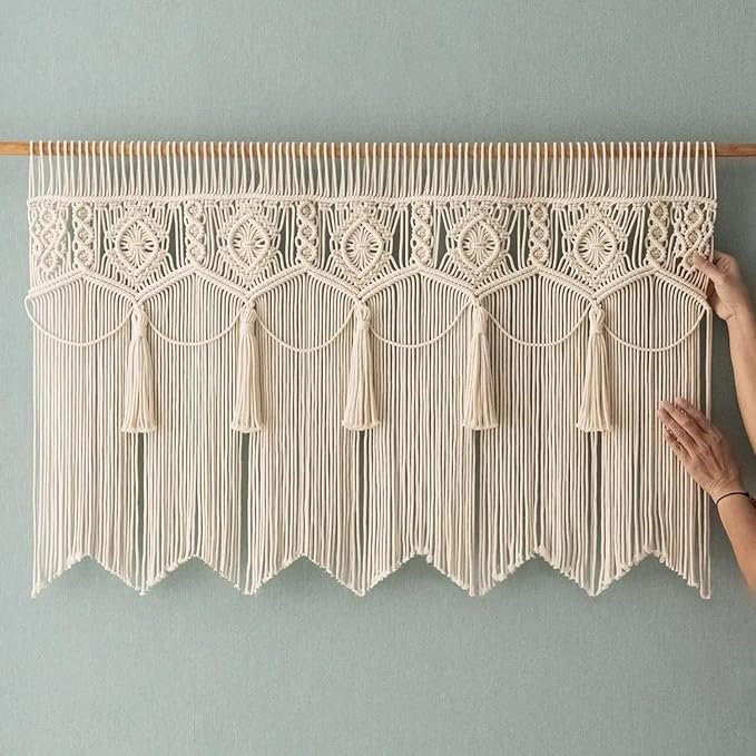 Macrame Wall Hanging Boho Woven Tapestry Valance Window Kitchen Macrame Curtain Door Divider Decoration Bedroom Home Macrame Curtains 55.1" Wx23.6 L