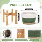 Remerry Plant Basket with Stand, Cotton Rope and Wicker Plants Baskets Indoor with Plastic Liner and Stand, Green White Woven Flower Pot for Indoor Home Living Room Floor Potted Decor(10inch)