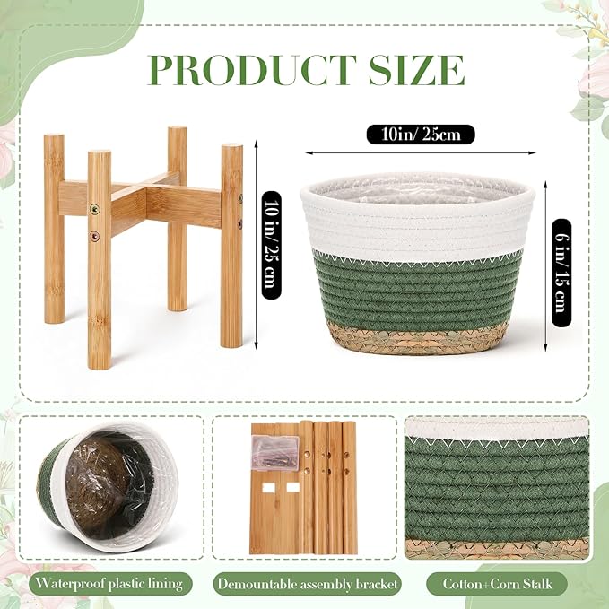 Remerry Plant Basket with Stand, Cotton Rope and Wicker Plants Baskets Indoor with Plastic Liner and Stand, Green White Woven Flower Pot for Indoor Home Living Room Floor Potted Decor(10inch)
