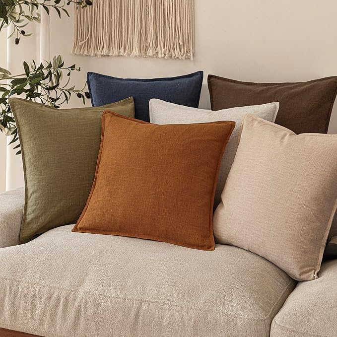 Foindtower Set of 2, Decorative Linen Soild Throw Pillow Covers Soft Accent Cushion Euro Case Boho Farmhouse Pillowcase for Chair Couch Sofa Bedroom Living Room Home Decor 18 x 18 Inch Autumn Orange