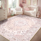 Area Rugs 6'x9' Washable Non-Slip, Floral Vintage Distress Print Pattern Medallion Carpet for Living Room Bedroom Dining Room, Pink Greypink Cute
