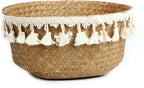 Tassel Macrame Woven Seagrass Belly Basket for Storage, Decoration, Laundry, Picnic, Plant Basin Cover, Groceries and Toy Storage (Large, Tassel)