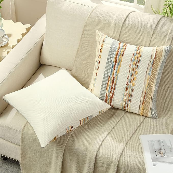 FUTEI Rust Blue Yellow Decorative Throw Pillow Covers 20x20 Inch Set of 2, Soft Tufted Striped Textured Accent Cushion Case,Boho Pillows for Couch Decor