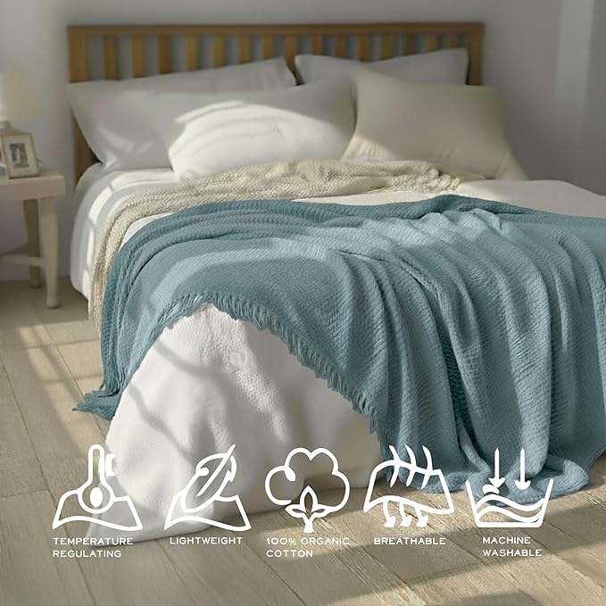 KyraHome Muslin Blankets for Adults, Kid,100% Organic Cotton Blanket Plant Dyed, Breathable Lightweight Gauze Throw Blanket for Couch, All Season (Slate Blue)
