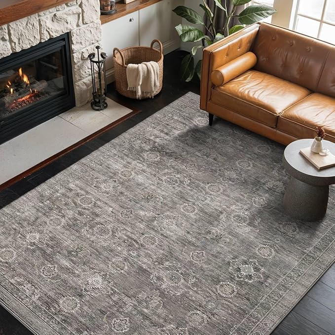 4x6 Rug for Living Room Bedroom, Grey Washable Throw Rugs, Vintage Retro Boho Area Rugs, Non Slip & Low Pile Accent Carpet for Indoor Dining Room, Kids Room and Office(Taupe/Grey 4x6ft)