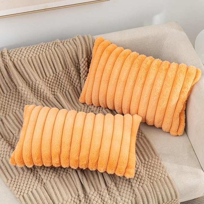 ZLINA Set of 2 Orange Faux Fur Decorative Throw Pillow Covers Fluffy Striped Pillowcase Cushion Covers 12 x 20 Inch Decor Sofa Couch Bedroom