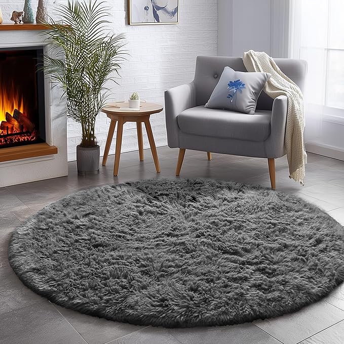 Amdrebio Grey Round Area Rugs 7Ft for Living Room, Large Shag Fluffy Circle Rug for Bedroom, Big Soft Thick Plush Carpet for Kids Room, Modern Furry Fuzzy Circular Gray Rug for Classroom Apartment