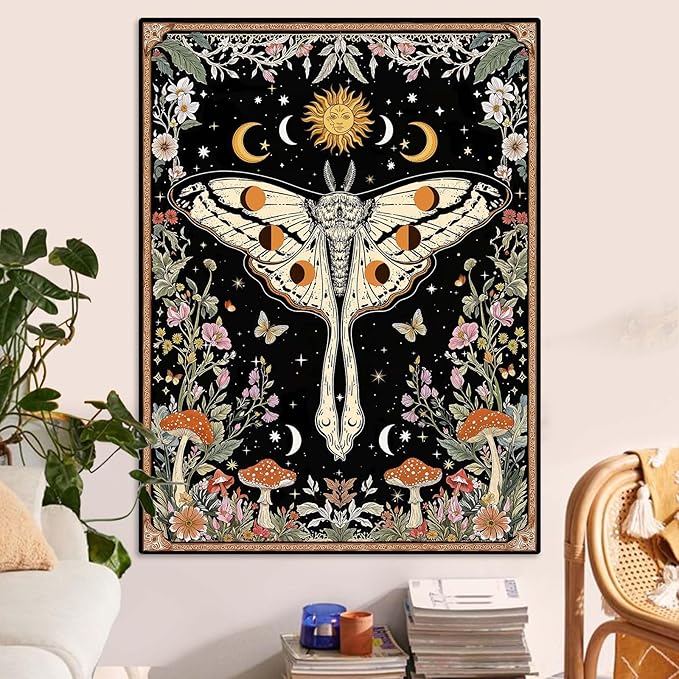 Aipon Boho Moth Tapestry Vintage Floral Flowers Tapestries Aesthetic Retro Mushroom Tapestries for Bedroom Sun and Moon Indie Large Tapestry Wall Hanging for Living Room Dorm 80 x 60 Inch
