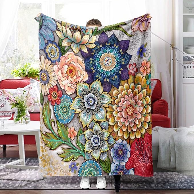 Neasow Floral Fleece Throw Blanket, Vibrant Color Boho Flowers Blossom Cozy Decor Throws for Sofa Bed Couch Chair or Dorm 60×80 inch