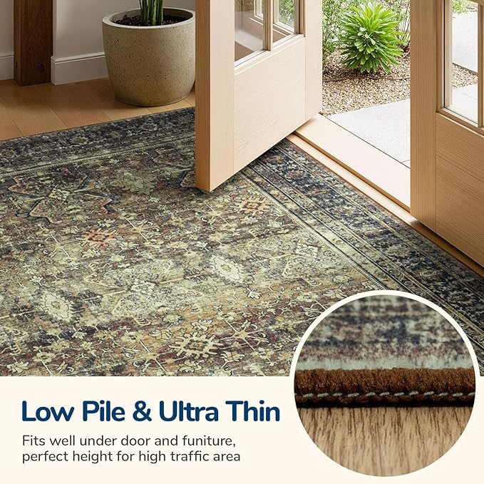 Lessymo 5x7 Washable Area Rug with Non Slip Backing,Soft Boho Indoor Carpets for Living Room Bedroom Nursery, Kid and Pet Friendly, Dark Brow