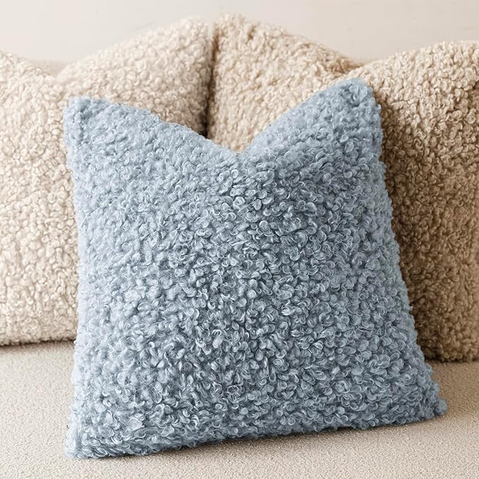 Foindtower 2 Pieces 22x22 Inch Misty Blue,Faux Fur Throw Pillow Cover Accent Sherpa Furry Pillow Covers Fuzzy Soft Pillowcases Cozy Sheepskin Decorative Fleece Cushion Case for Bed Couch Living Room
