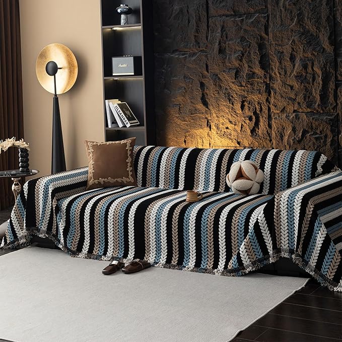 VClife Couch Cover for Sofa, Chenille Sofa Cover for Dog Modern Stripe Couch Cover for 2 Cushion Couch Sofa, Non Slip Furniture Protector Pet Couch Slipcover with Tassel, Black, 71''x118''