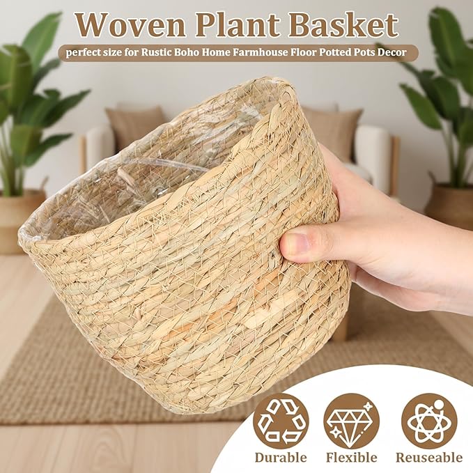 6 Pcs Seagrass Plant Basket with Plastic Liners Woven Stylish Planter Baskets Bulk Indoor Outdoor Plants Woven Wicker Baskets for Flower Pots Cover and Room Decor Small (Small,Rustic)